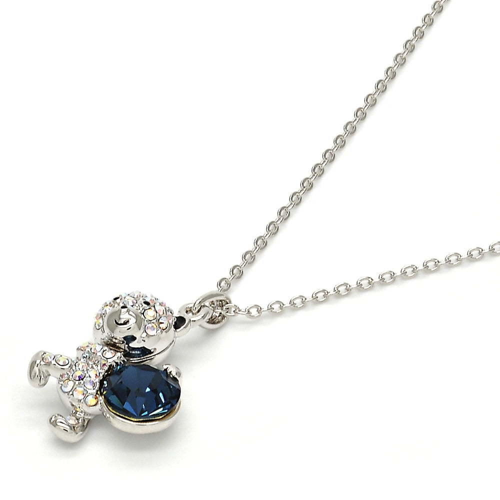 Rhodium Gold Filled Pendant Necklace, Teddy Bear Design, with Montana and Aurore Boreale Swarovski Crystals, Black Enamel Finish, Rhodium Finish