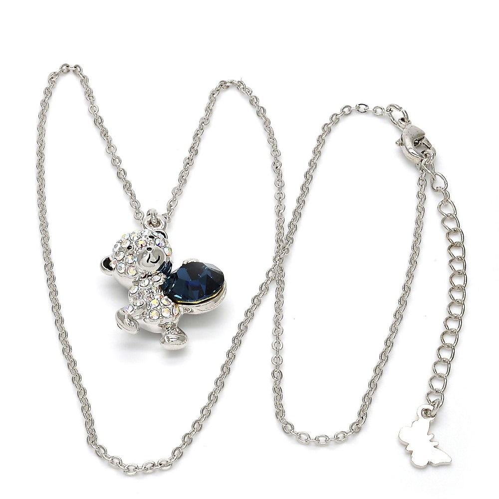 Rhodium Gold Filled Pendant Necklace, Teddy Bear Design, with Montana and Aurore Boreale Swarovski Crystals, Black Enamel Finish, Rhodium Finish