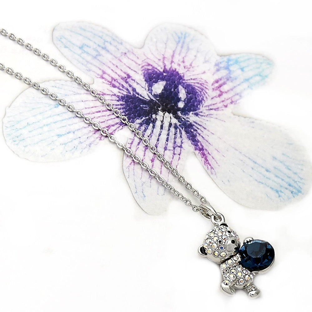 Rhodium Gold Filled Pendant Necklace, Teddy Bear Design, with Montana and Aurore Boreale Swarovski Crystals, Black Enamel Finish, Rhodium Finish