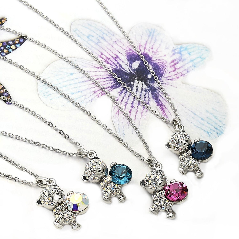 Rhodium Gold Filled Pendant Necklace, Teddy Bear Design, with Montana and Aurore Boreale Swarovski Crystals, Black Enamel Finish, Rhodium Finish