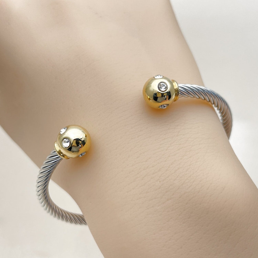 Stainless Steel Individual Bangle, Twist and Ball Design, with White Crystal, Polished, Two Tone