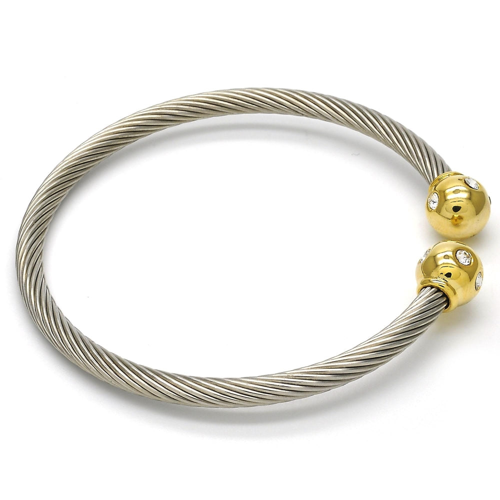 Stainless Steel Individual Bangle, Twist and Ball Design, with White Crystal, Polished, Two Tone