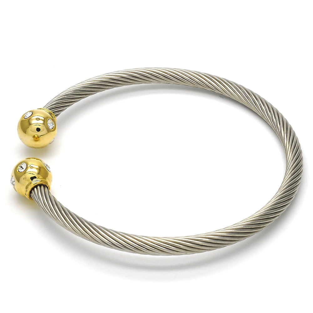 Stainless Steel Individual Bangle, Twist and Ball Design, with White Crystal, Polished, Two Tone