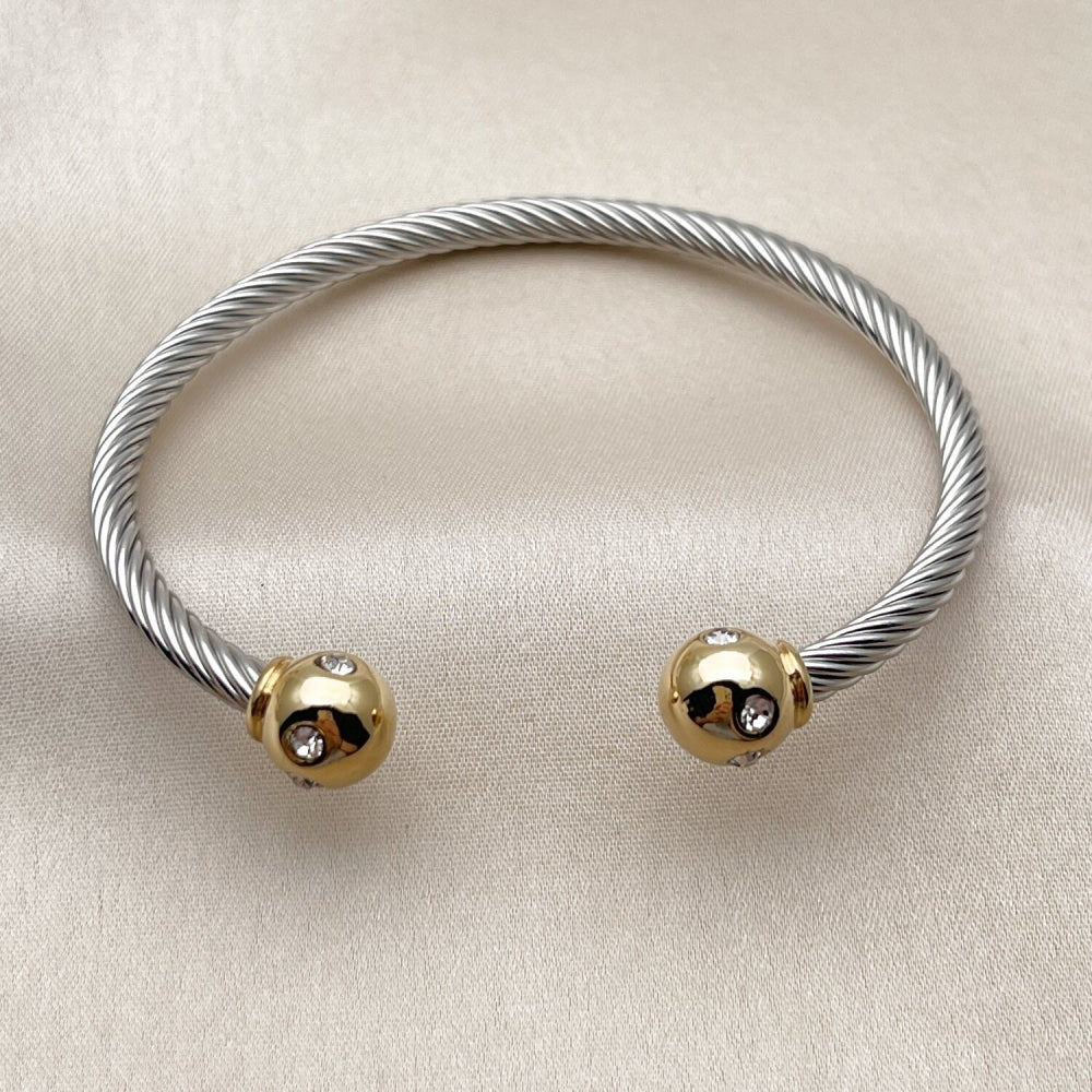 Stainless Steel Individual Bangle, Twist and Ball Design, with White Crystal, Polished, Two Tone