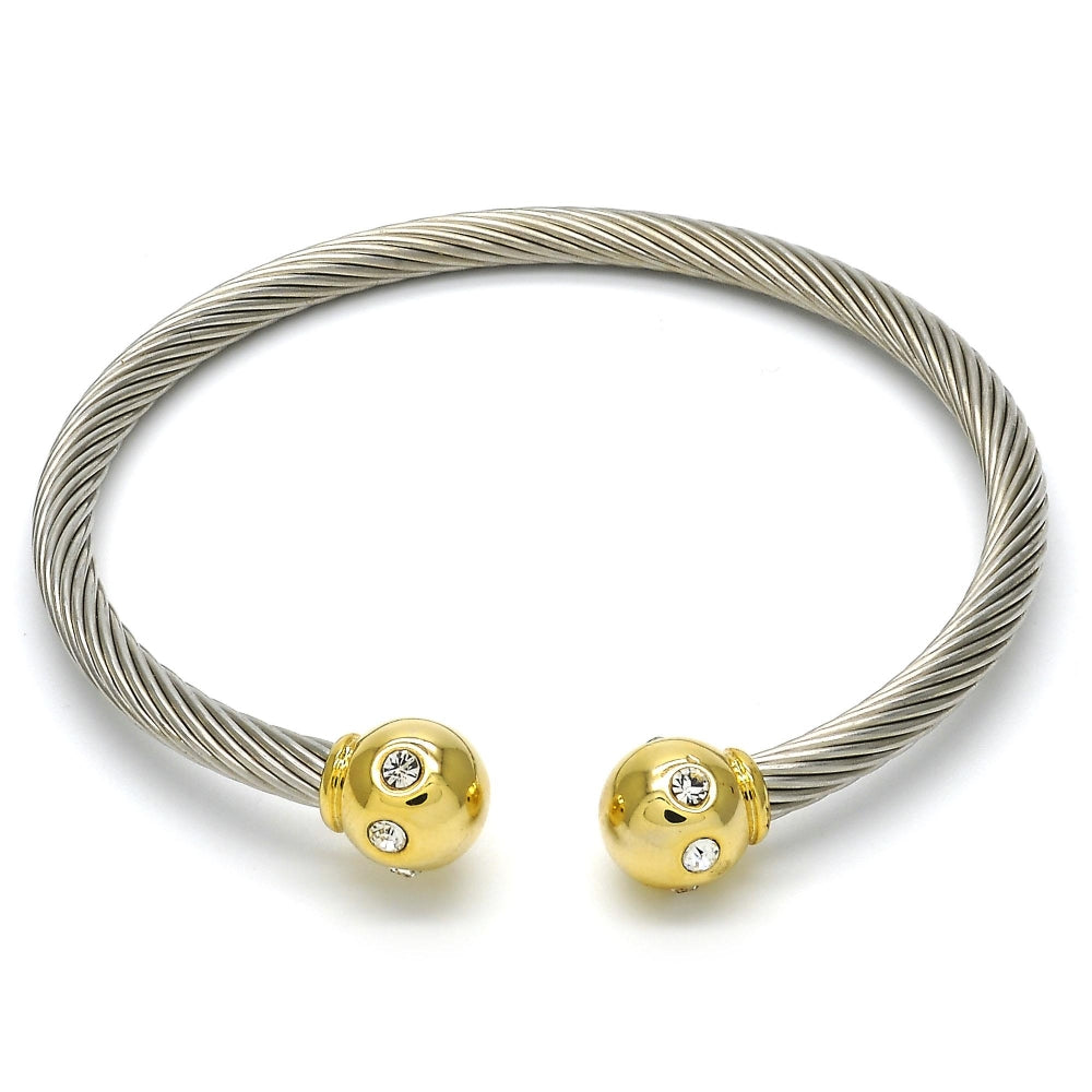 Stainless Steel Individual Bangle, Twist and Ball Design, with White Crystal, Polished, Two Tone