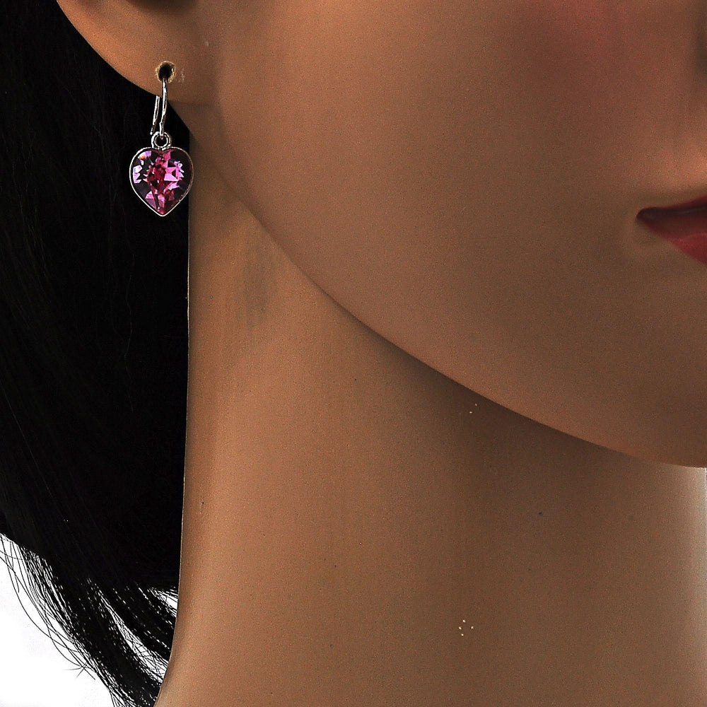 Rhodium Gold Filled Dangle Earring, Heart Design, with Rose Swarovski Crystals, Polished, Rhodium Finish