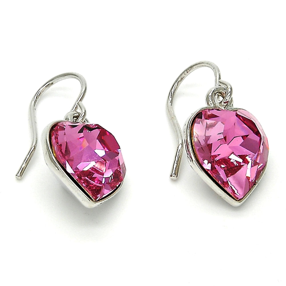 Rhodium Gold Filled Dangle Earring, Heart Design, with Rose Swarovski Crystals, Polished, Rhodium Finish