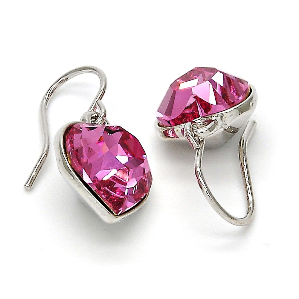 Rhodium Gold Filled Dangle Earring, Heart Design, with Rose Swarovski Crystals, Polished, Rhodium Finish