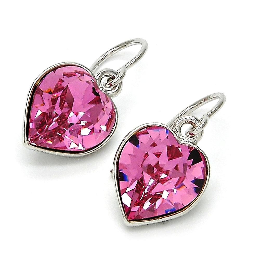 Rhodium Gold Filled Dangle Earring, Heart Design, with Rose Swarovski Crystals, Polished, Rhodium Finish