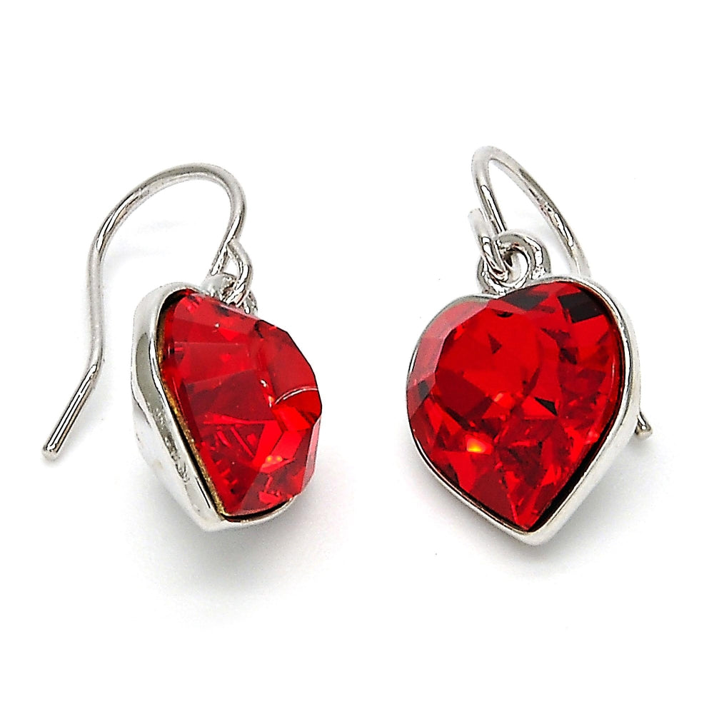 Rhodium Gold Filled Dangle Earring, Heart Design, with Light Siam Swarovski Crystals, Polished, Rhodium Finish