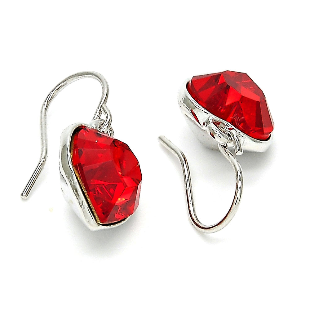 Rhodium Gold Filled Dangle Earring, Heart Design, with Light Siam Swarovski Crystals, Polished, Rhodium Finish