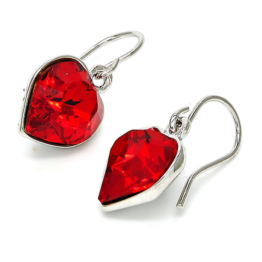 Rhodium Gold Filled Dangle Earring, Heart Design, with Light Siam Swarovski Crystals, Polished, Rhodium Finish