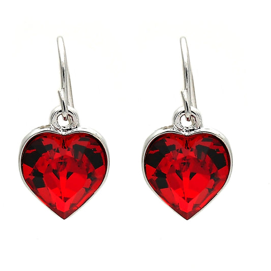 Rhodium Gold Filled Dangle Earring, Heart Design, with Light Siam Swarovski Crystals, Polished, Rhodium Finish