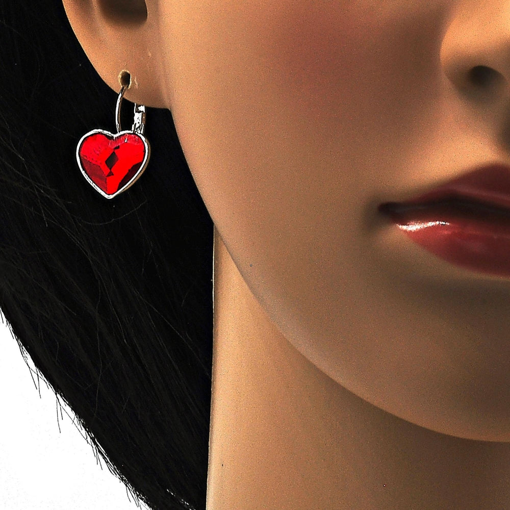 Rhodium Gold Filled Leverback Earring, Heart Design, with Light Siam Swarovski Crystals, Polished, Rhodium Finish