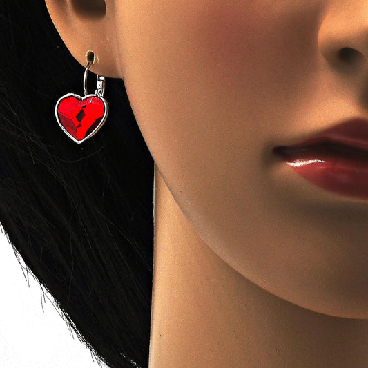 Rhodium Gold Filled Leverback Earring, Heart Design, with Light Siam Swarovski Crystals, Polished, Rhodium Finish