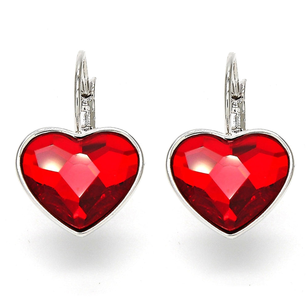 Rhodium Gold Filled Leverback Earring, Heart Design, with Light Siam Swarovski Crystals, Polished, Rhodium Finish
