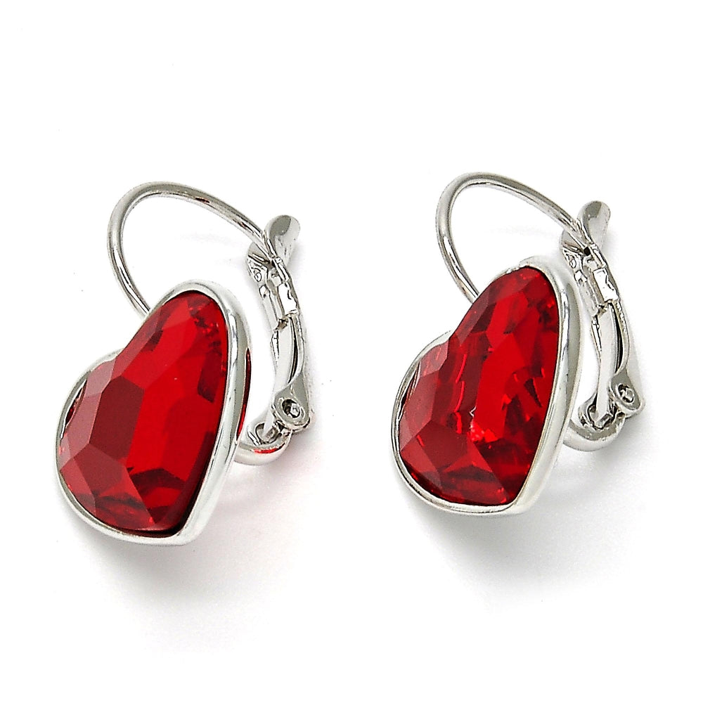 Rhodium Gold Filled Leverback Earring, Heart Design, with Light Siam Swarovski Crystals, Polished, Rhodium Finish