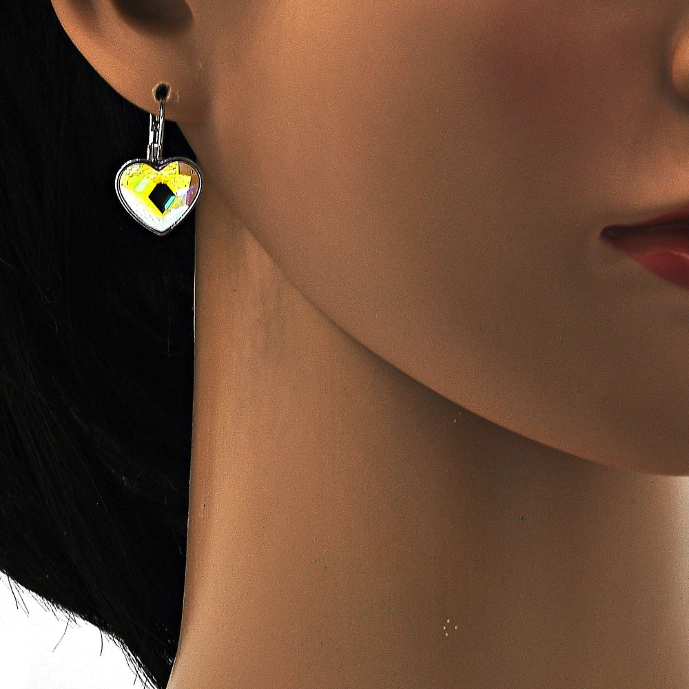 Rhodium Gold Filled Leverback Earring, Heart Design, with Aurore Boreale Swarovski Crystals, Polished, Rhodium Finish