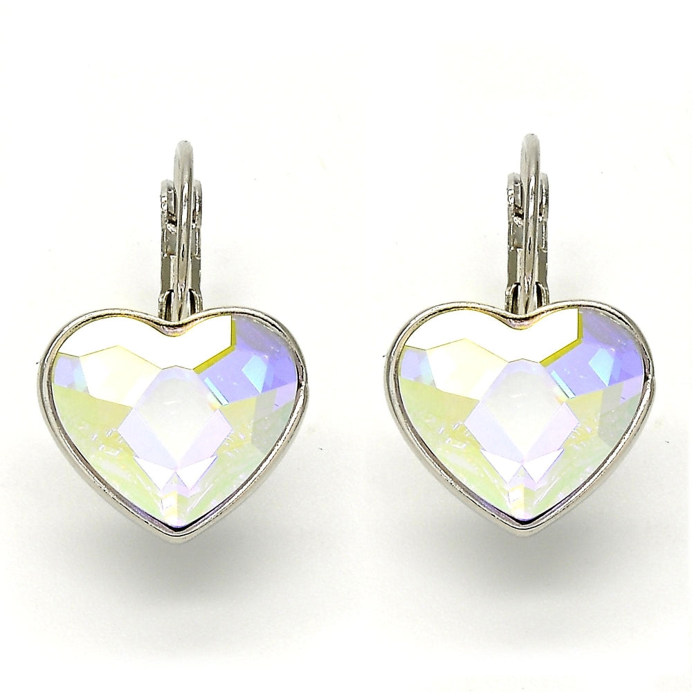 Rhodium Gold Filled Leverback Earring, Heart Design, with Aurore Boreale Swarovski Crystals, Polished, Rhodium Finish