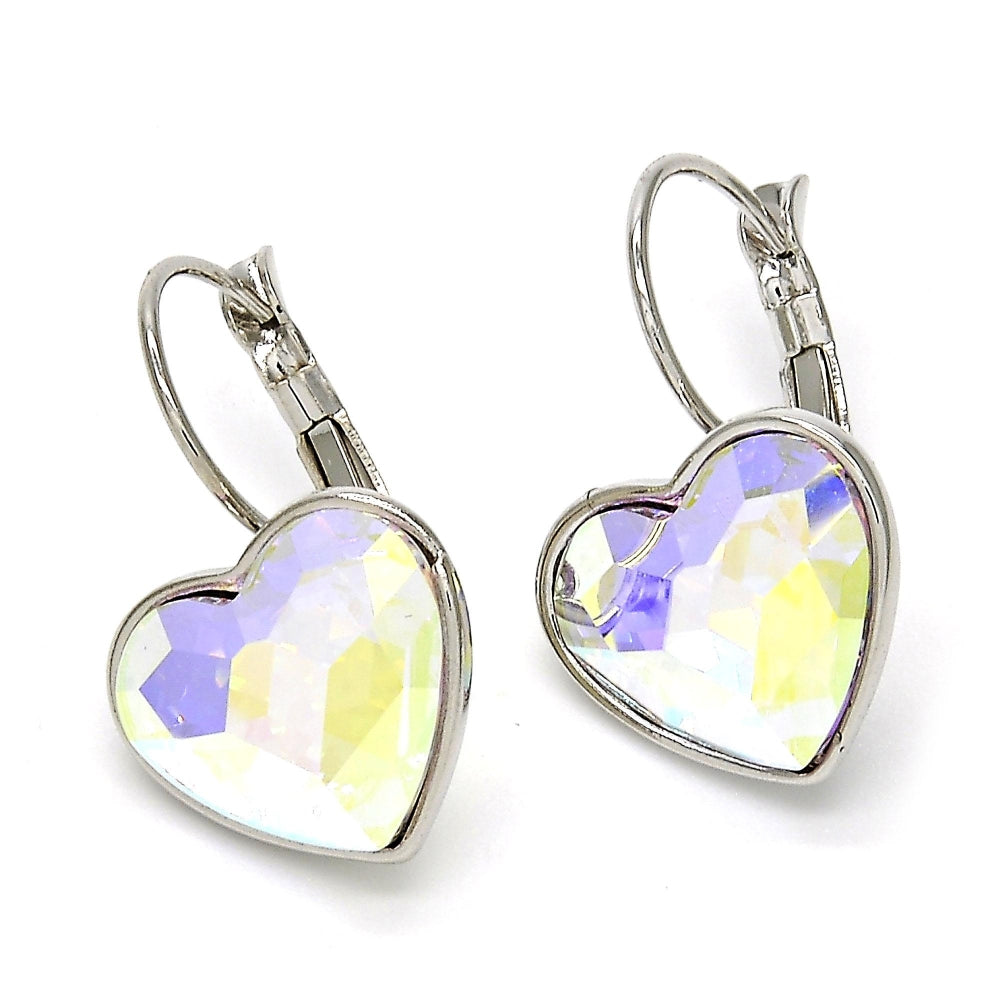 Rhodium Gold Filled Leverback Earring, Heart Design, with Aurore Boreale Swarovski Crystals, Polished, Rhodium Finish