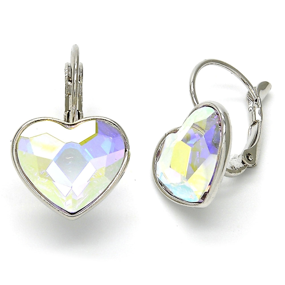 Rhodium Gold Filled Leverback Earring, Heart Design, with Aurore Boreale Swarovski Crystals, Polished, Rhodium Finish