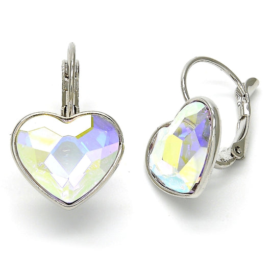 Rhodium Gold Filled Leverback Earring, Heart Design, with Aurore Boreale Swarovski Crystals, Polished, Rhodium Finish