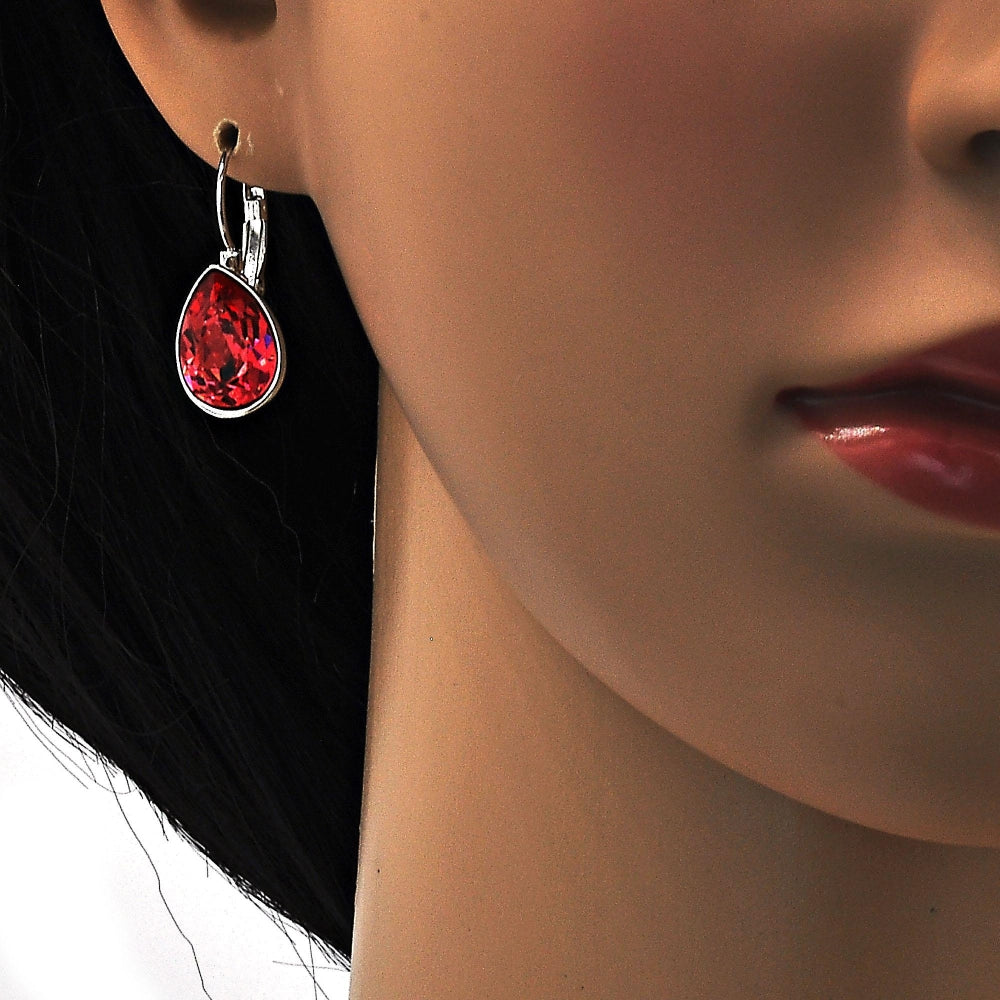 Rhodium Gold Filled Leverback Earring, Teardrop Design, with Padparadscha Swarovski Crystals, Polished, Rhodium Finish