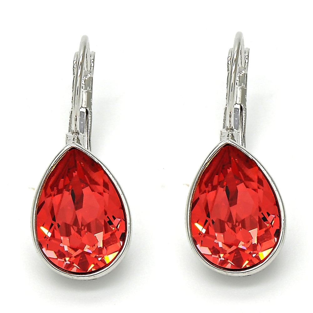 Rhodium Gold Filled Leverback Earring, Teardrop Design, with Padparadscha Swarovski Crystals, Polished, Rhodium Finish