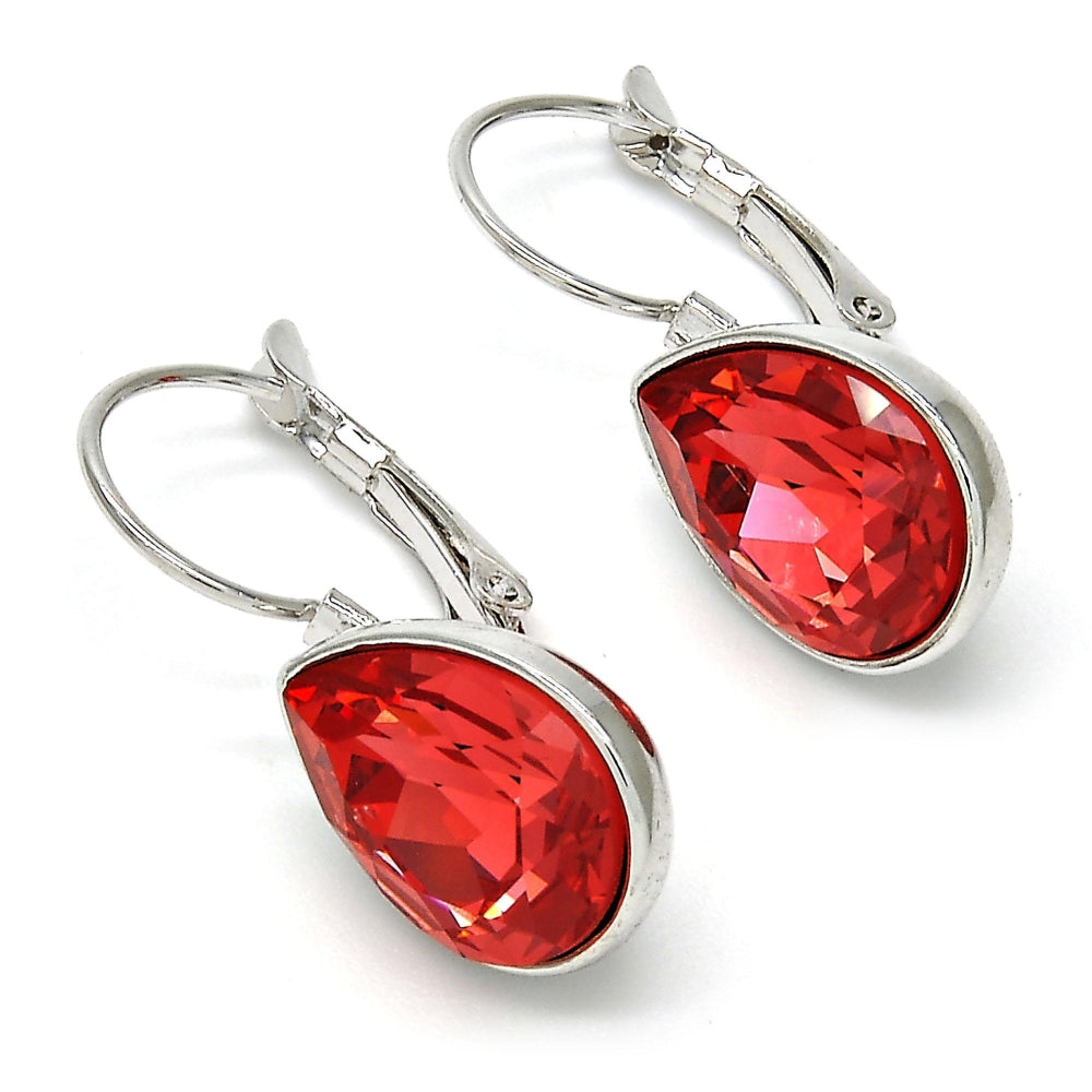 Rhodium Gold Filled Leverback Earring, Teardrop Design, with Padparadscha Swarovski Crystals, Polished, Rhodium Finish