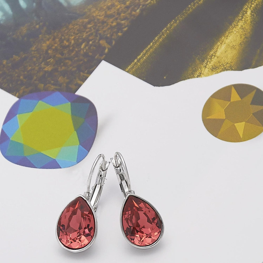 Rhodium Gold Filled Leverback Earring, Teardrop Design, with Padparadscha Swarovski Crystals, Polished, Rhodium Finish
