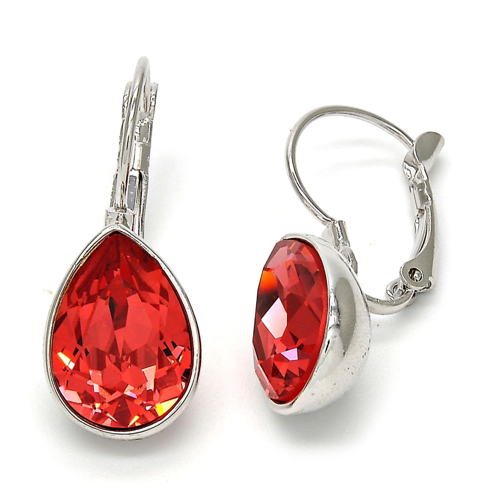 Rhodium Gold Filled Leverback Earring, Teardrop Design, with Padparadscha Swarovski Crystals, Polished, Rhodium Finish