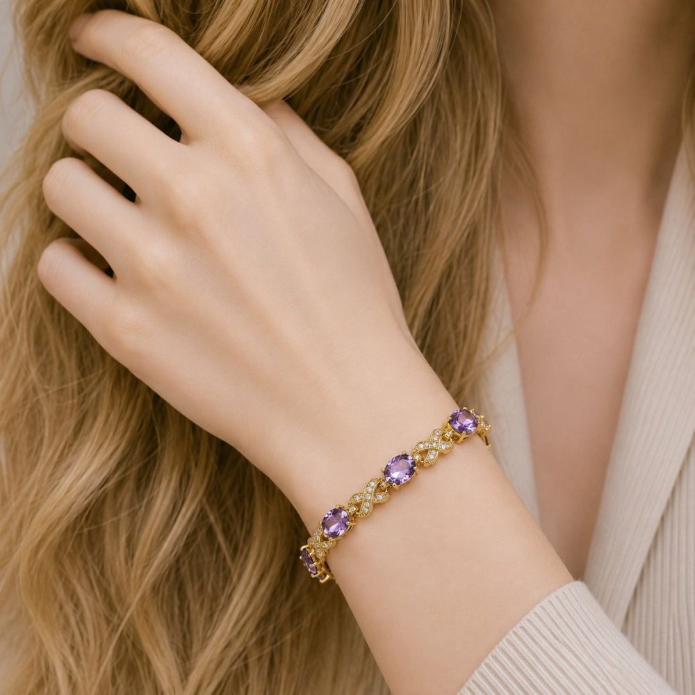 Oro Laminado Tennis Bracelet, Gold Filled Style Hugs and Kisses Design, with Amethyst Cubic Zirconia and White Micro Pave, Polished, Golden Finish
