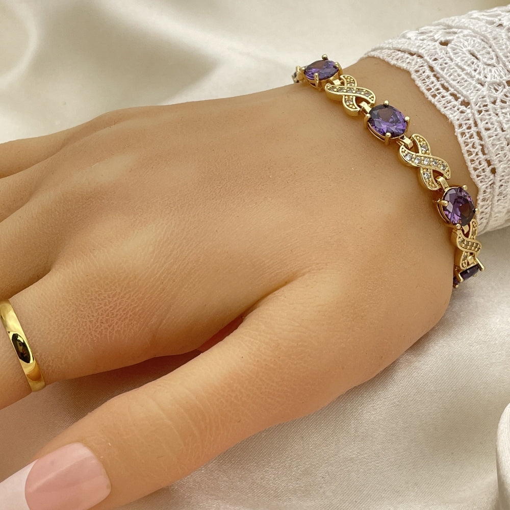 Oro Laminado Tennis Bracelet, Gold Filled Style Hugs and Kisses Design, with Amethyst Cubic Zirconia and White Micro Pave, Polished, Golden Finish