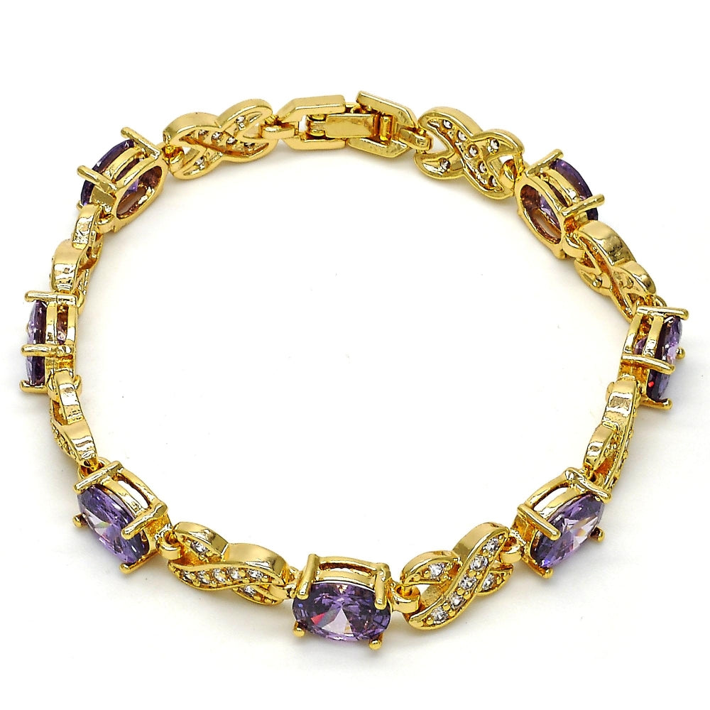 Oro Laminado Tennis Bracelet, Gold Filled Style Hugs and Kisses Design, with Amethyst Cubic Zirconia and White Micro Pave, Polished, Golden Finish