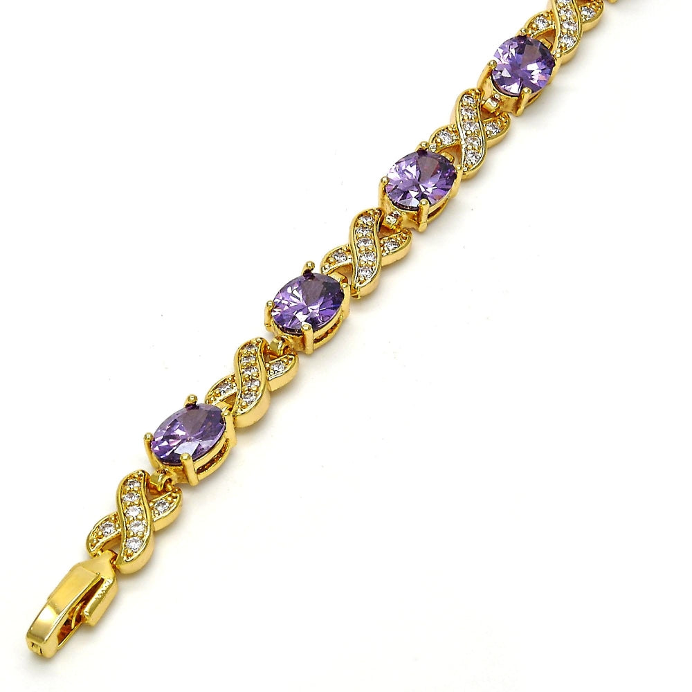 Oro Laminado Tennis Bracelet, Gold Filled Style Hugs and Kisses Design, with Amethyst Cubic Zirconia and White Micro Pave, Polished, Golden Finish