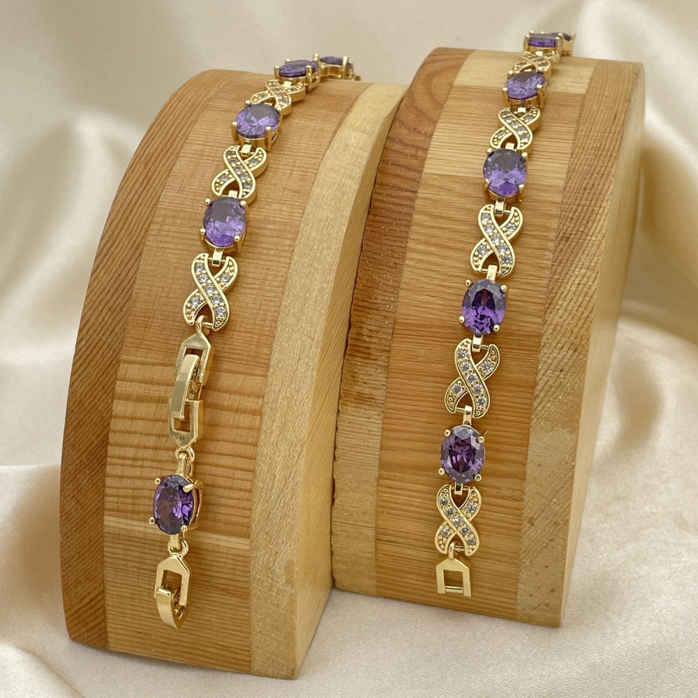 Oro Laminado Tennis Bracelet, Gold Filled Style Hugs and Kisses Design, with Amethyst Cubic Zirconia and White Micro Pave, Polished, Golden Finish