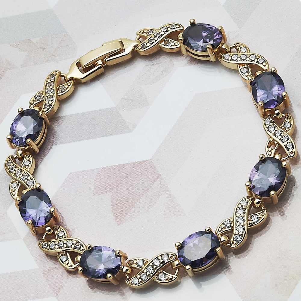 Oro Laminado Tennis Bracelet, Gold Filled Style Hugs and Kisses Design, with Amethyst Cubic Zirconia and White Micro Pave, Polished, Golden Finish