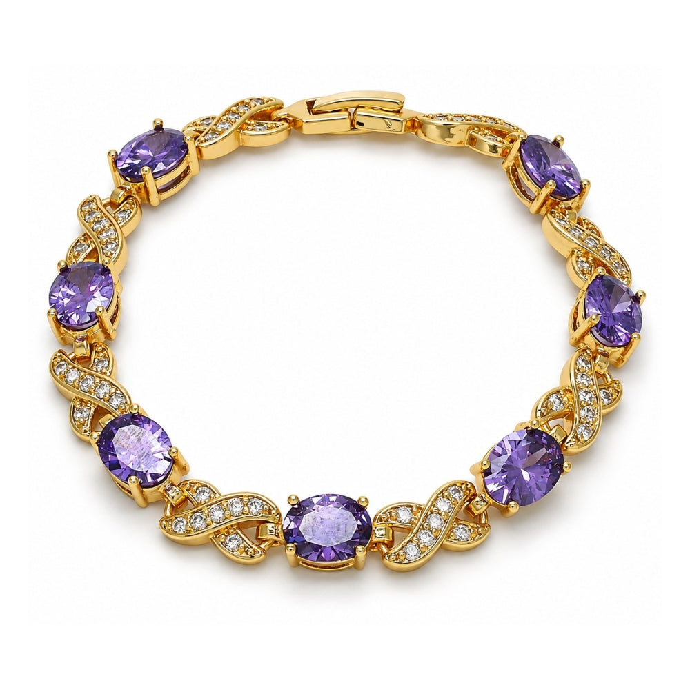 Oro Laminado Tennis Bracelet, Gold Filled Style Hugs and Kisses Design, with Amethyst Cubic Zirconia and White Micro Pave, Polished, Golden Finish