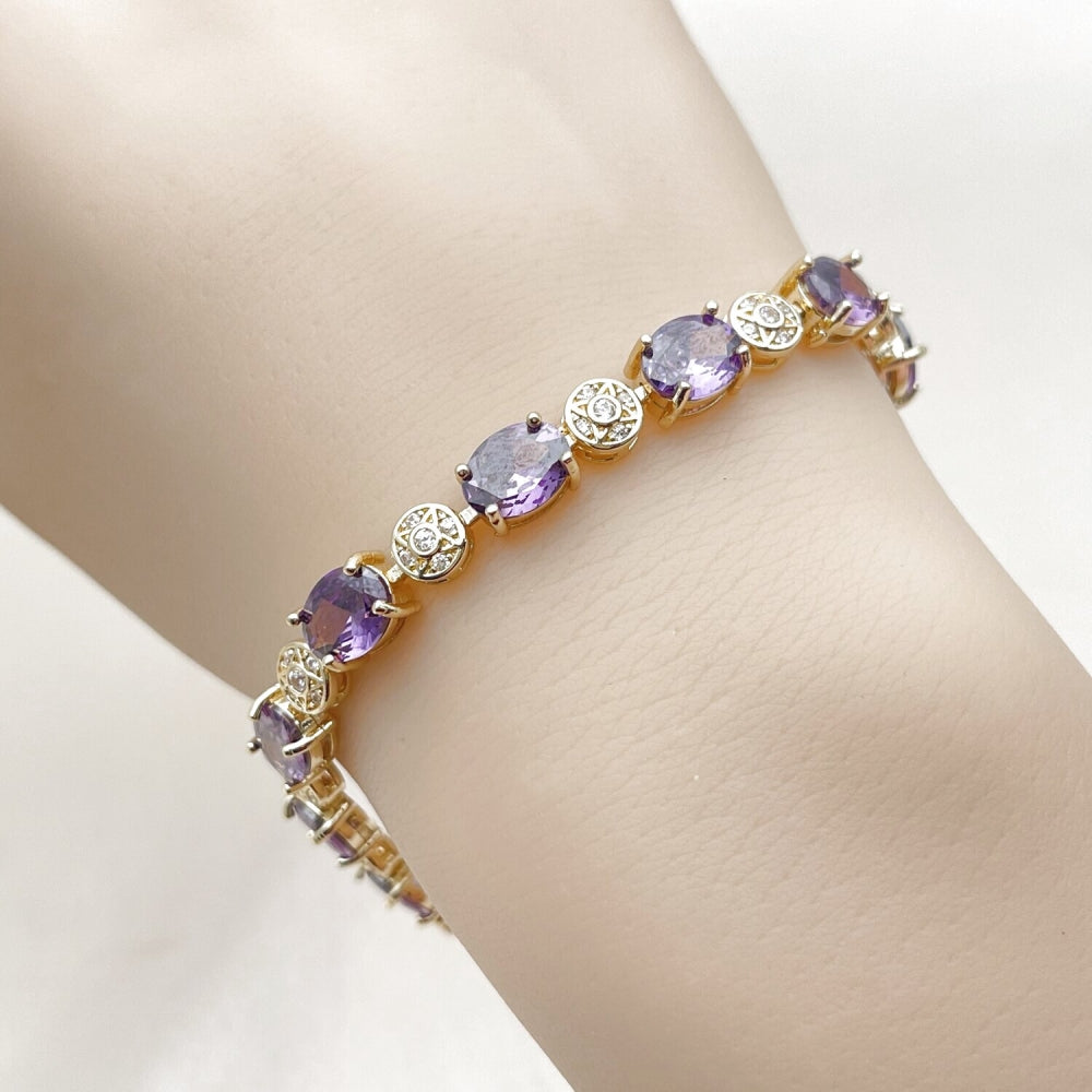 Oro Laminado Tennis Bracelet, Gold Filled Style with Amethyst and White Cubic Zirconia, Polished, Golden Finish