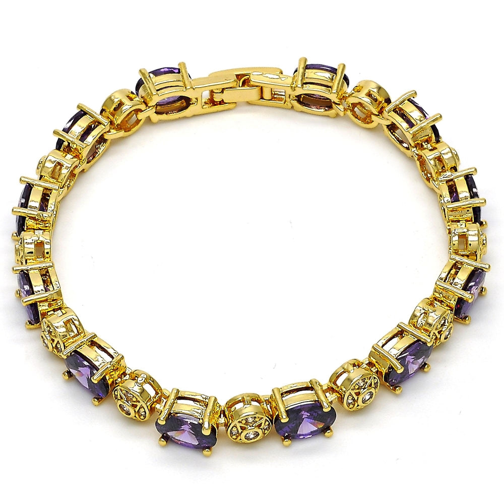 Oro Laminado Tennis Bracelet, Gold Filled Style with Amethyst and White Cubic Zirconia, Polished, Golden Finish