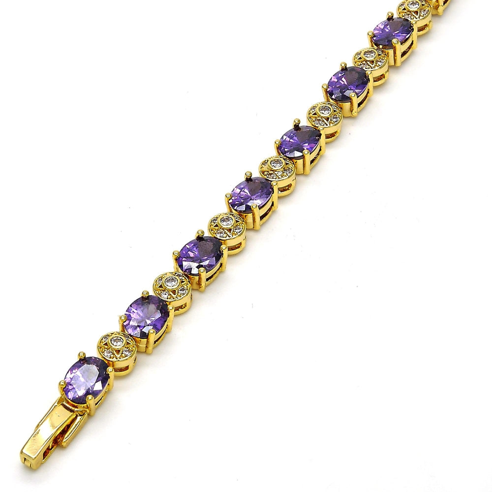 Oro Laminado Tennis Bracelet, Gold Filled Style with Amethyst and White Cubic Zirconia, Polished, Golden Finish