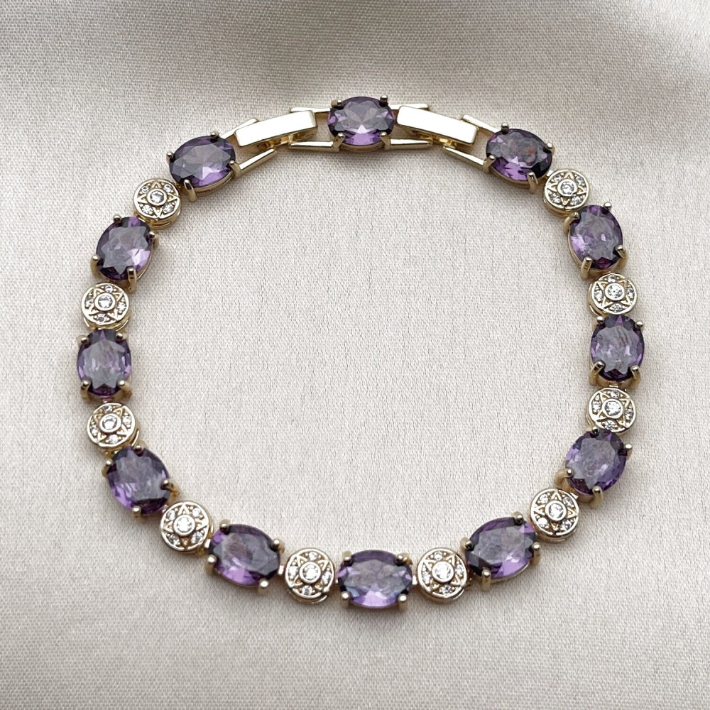 Oro Laminado Tennis Bracelet, Gold Filled Style with Amethyst and White Cubic Zirconia, Polished, Golden Finish