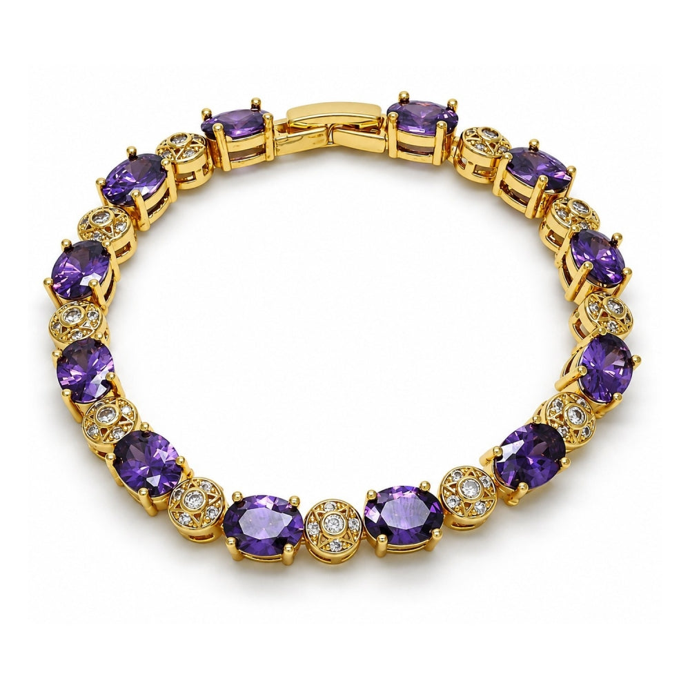 Oro Laminado Tennis Bracelet, Gold Filled Style with Amethyst and White Cubic Zirconia, Polished, Golden Finish
