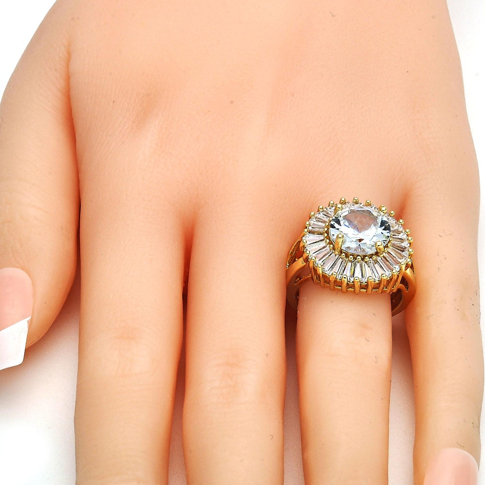 Oro Laminado Multi Stone Ring, Gold Filled Style Flower and Baguette Design, with White Cubic Zirconia, Polished, Golden Finish