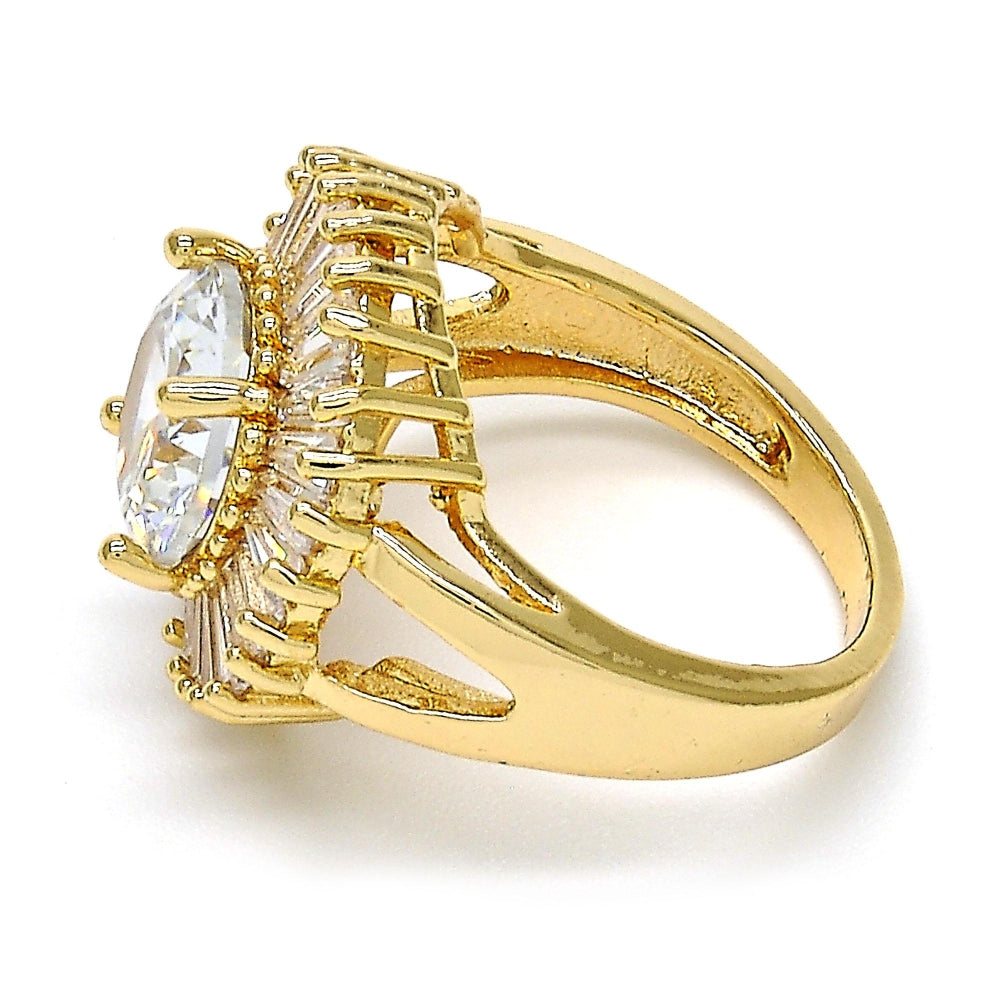 Oro Laminado Multi Stone Ring, Gold Filled Style Flower and Baguette Design, with White Cubic Zirconia, Polished, Golden Finish