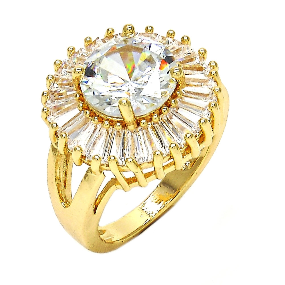 Oro Laminado Multi Stone Ring, Gold Filled Style Flower and Baguette Design, with White Cubic Zirconia, Polished, Golden Finish