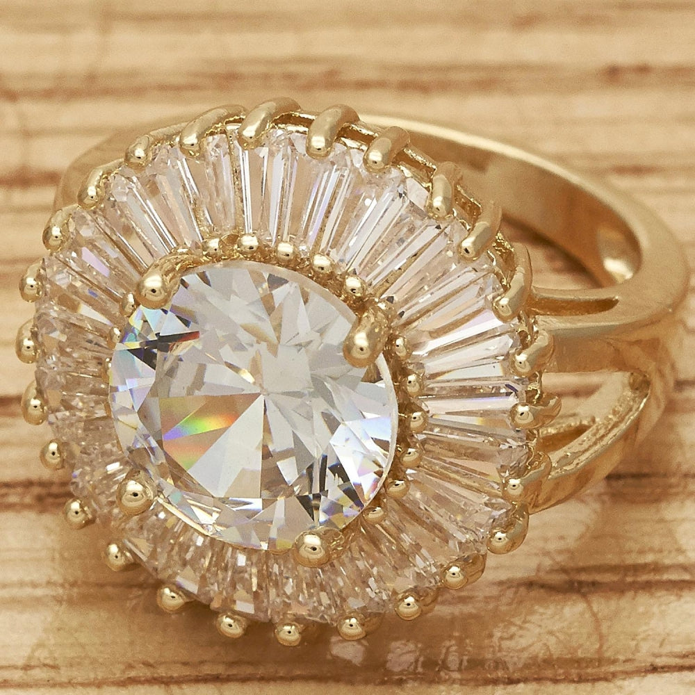 Oro Laminado Multi Stone Ring, Gold Filled Style Flower and Baguette Design, with White Cubic Zirconia, Polished, Golden Finish