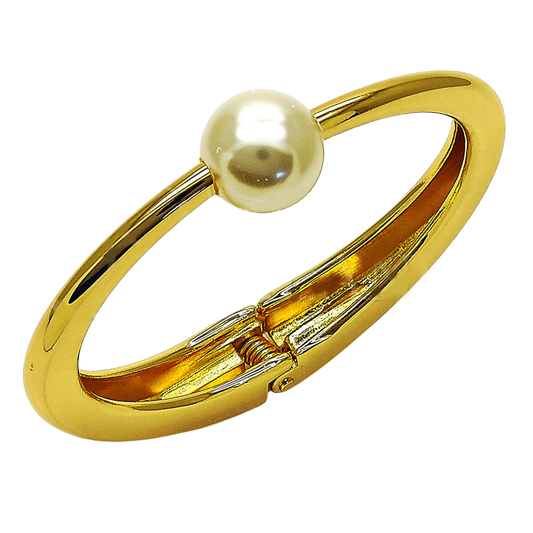 Oro Laminado Individual Bangle, Gold Filled Style Ball Design, with Ivory Pearl, Polished, Golden Finish