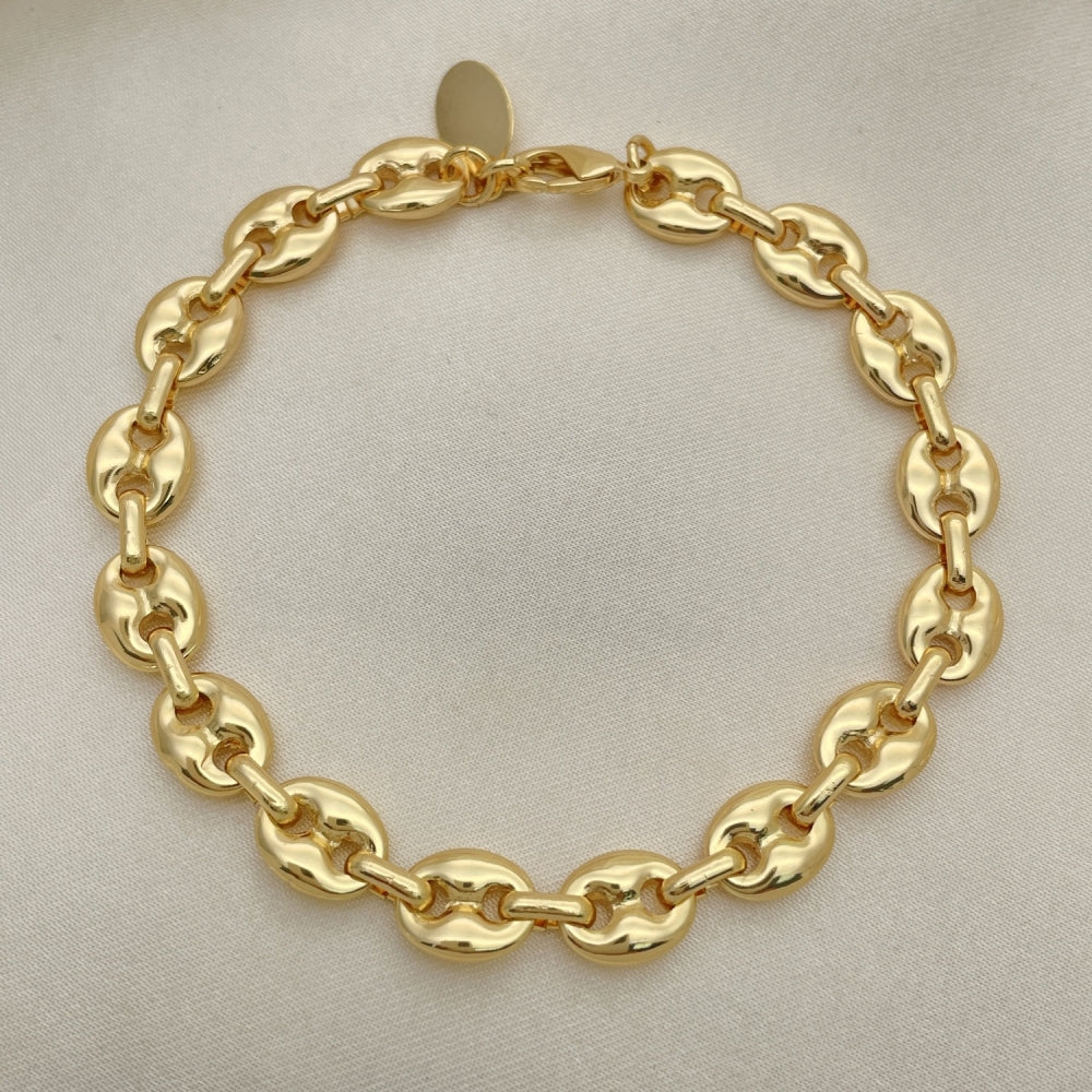 Oro Laminado Fancy Anklet, Gold Filled Style Puff Mariner Design, Polished, Golden Finish