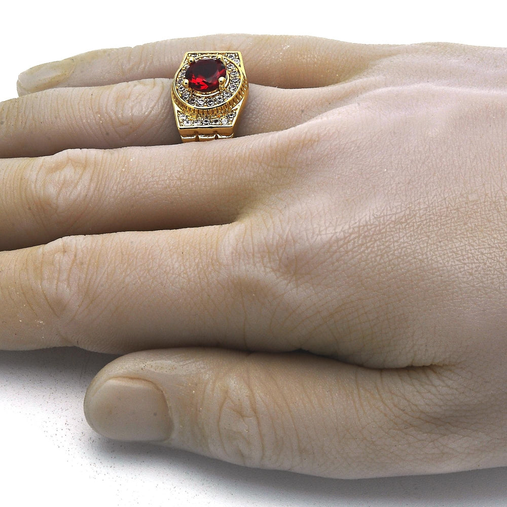Oro Laminado Mens Ring, Gold Filled Style with Garnet and White Cubic Zirconia, Polished, Golden Finish